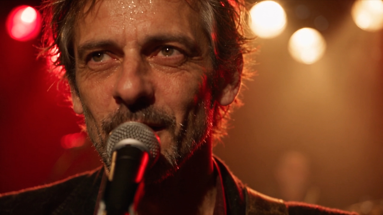 Rocky Rockeur au micro, sous les lumières rouges et dorées de la scène.