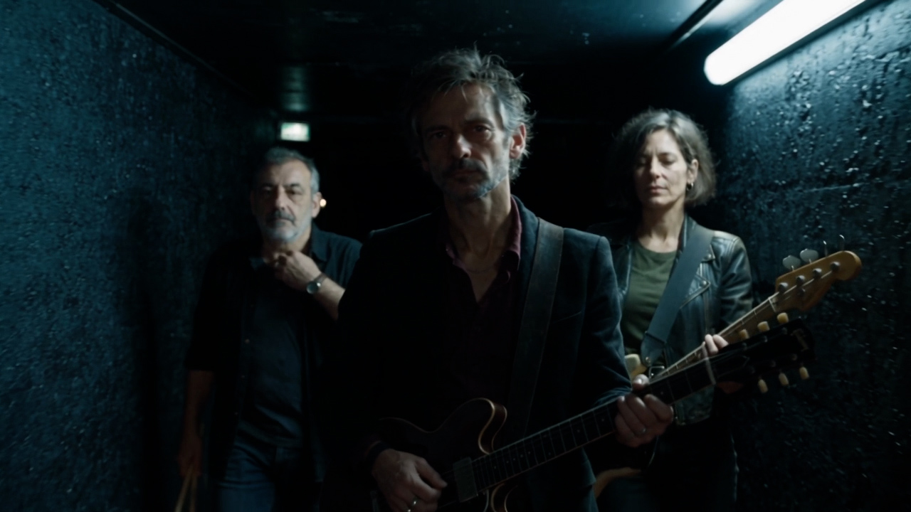 Le trio dans les coulisses : Rocky à la guitare au premier plan, le batteur à gauche et la bassiste à droite.